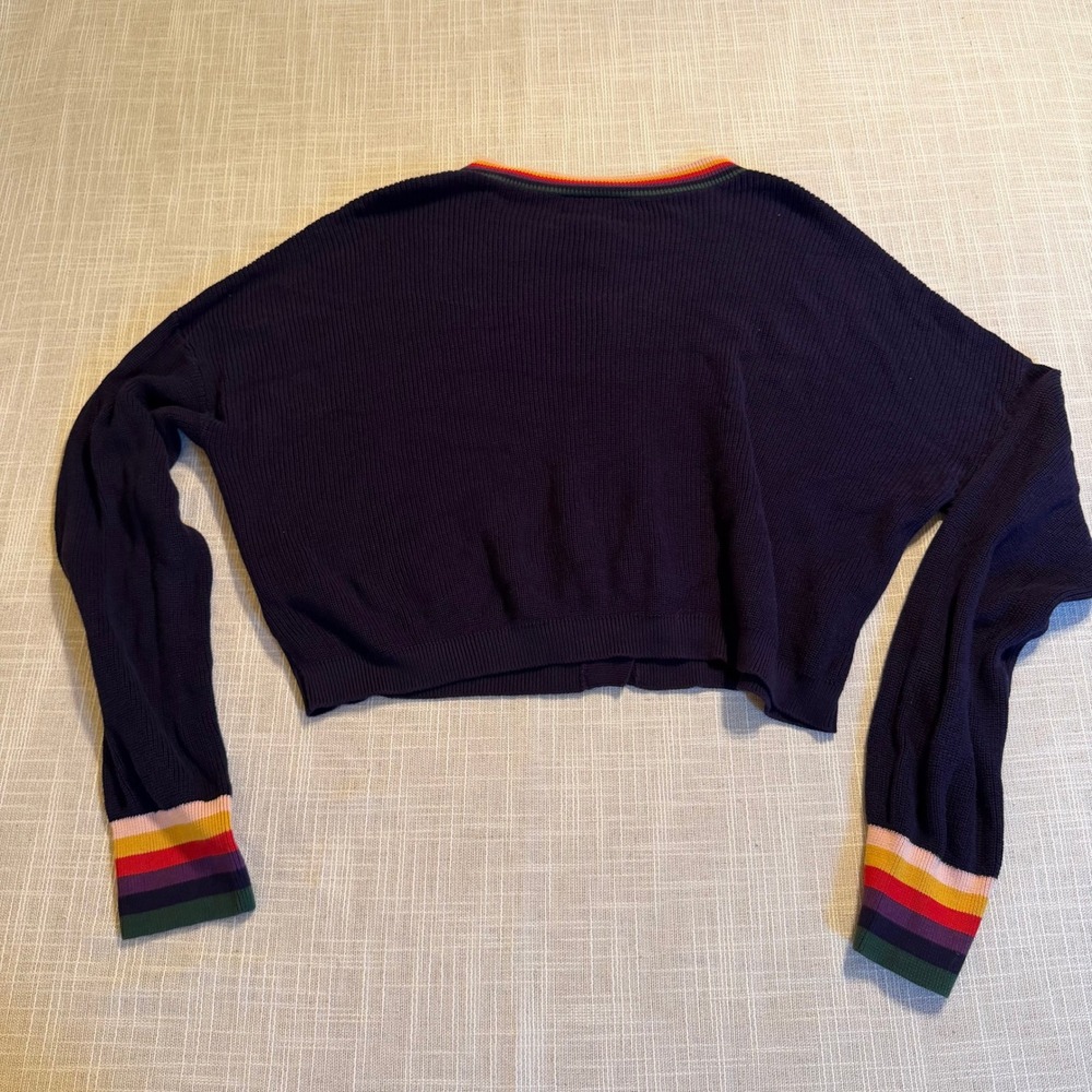 ModCloth Navy Blue Rainbow Striped Trim Cropped Cardigan Sweater XL Cotton Modal - Picture 5 of 7